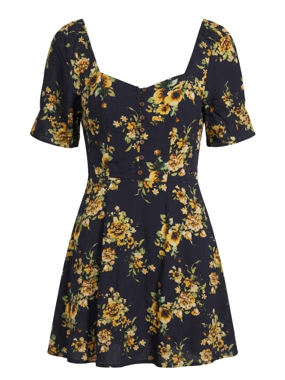Altar'd State Navy and Yellow Floral Fit-&-Flare Mini Dress